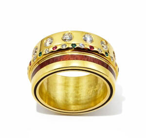 bague 70, bois or diamants rubis émeraudes